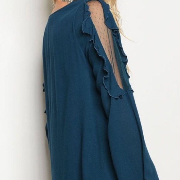 Teal Dress With Ruffles and Mesh Design Detail - Picture 2 of 8